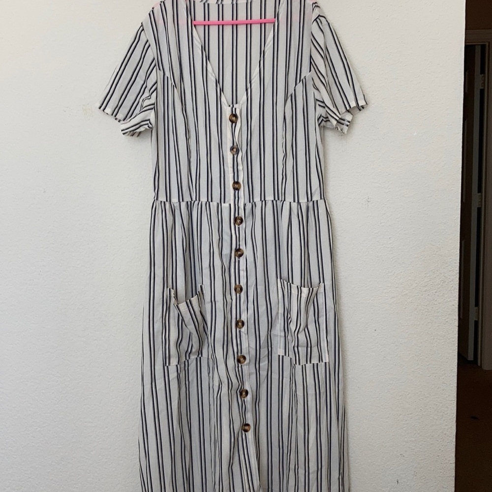 long blue striped button up dress